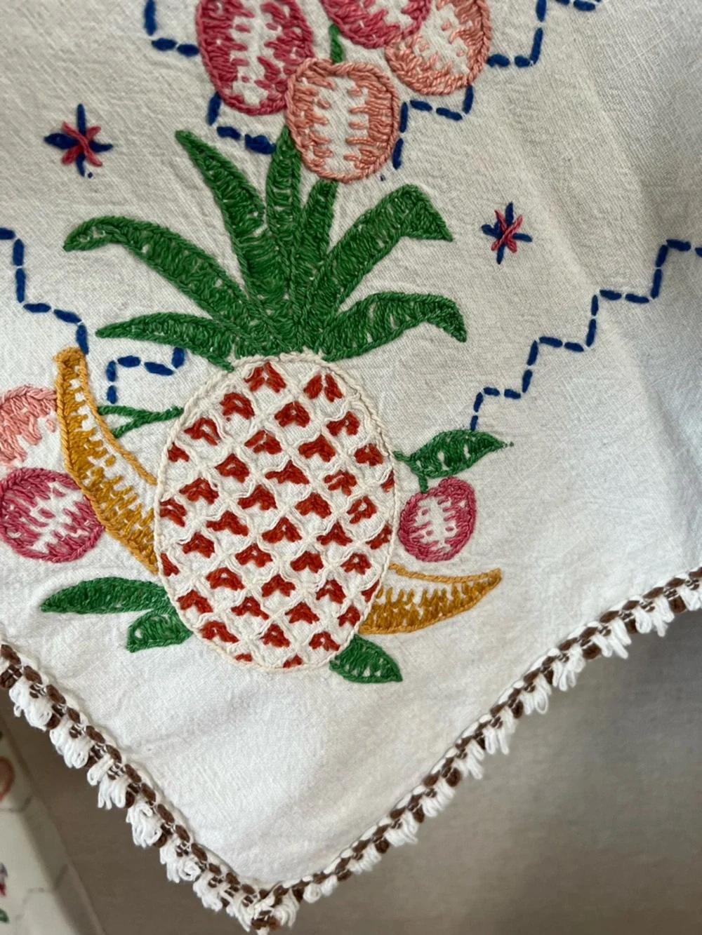 Vintage Embroidered Fruit Tablecloth Pineapple Pear Cherry Linen Cotton 37x47